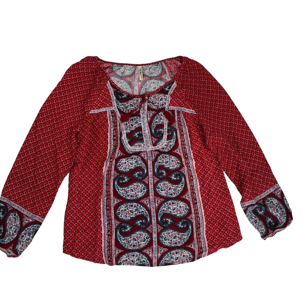 Boho Paisley Blouse Womens L Y2K Cottagecore Indie Festival Peasant Top Flowy